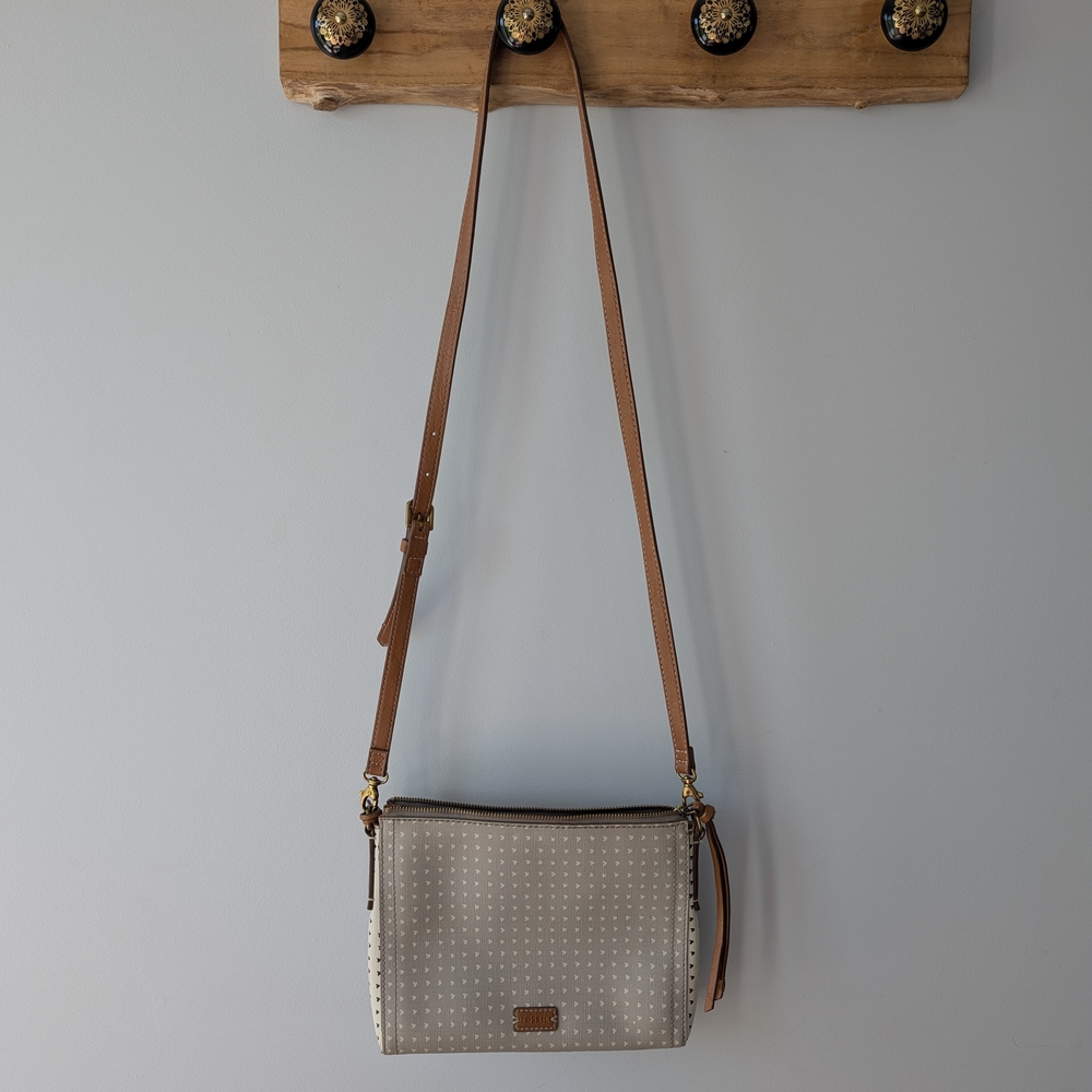 Fossil Brown, White and Gray Crossbody Bag with Heart Pattern